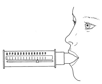 blowing into the tube attached to a spirometer
